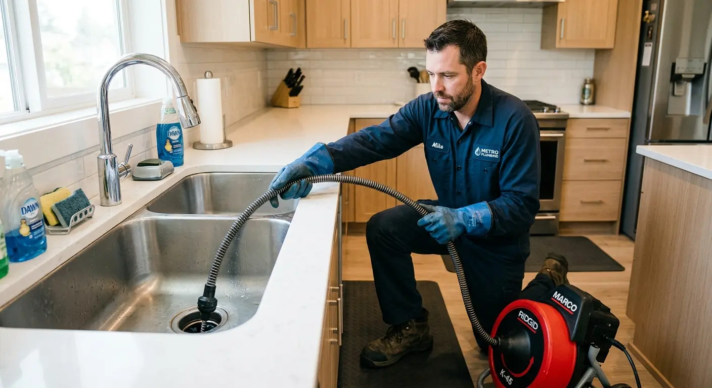 Drain cleaning technician using a motorized snake on a kitchen sink in Lansing