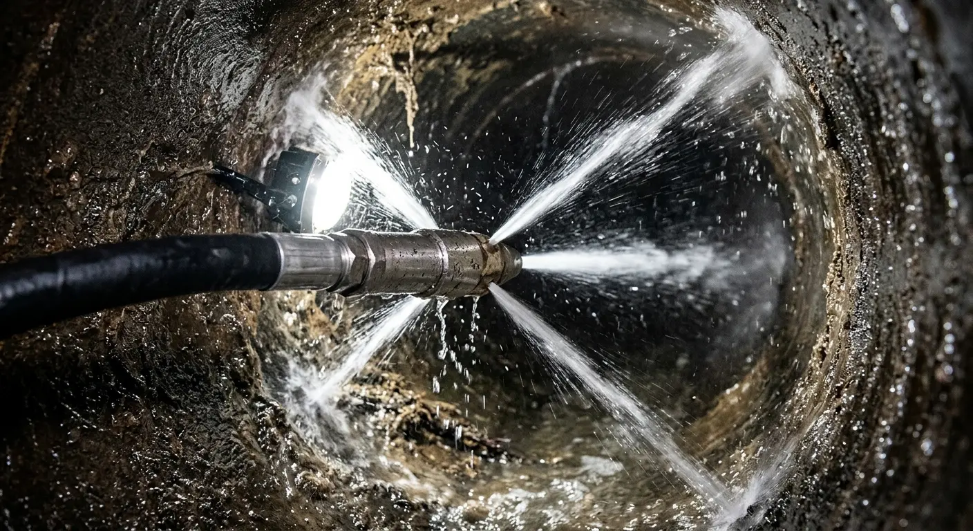 High-pressure hydro jetting nozzle cleaning sewer pipe for Sewer Cleanout in Lansing