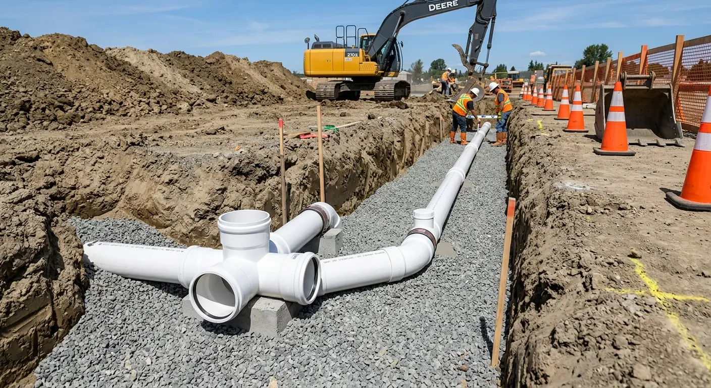 New PVC sewer pipe installation in open trench for Sewer Backup in Lansing