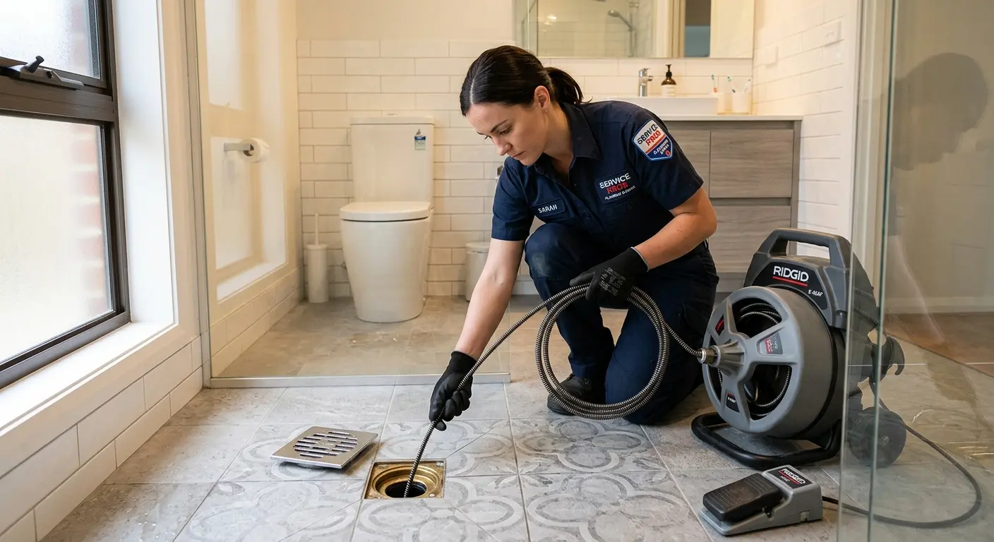 Technician clearing a bathroom floor drain for Drain Cleaning in Lansing